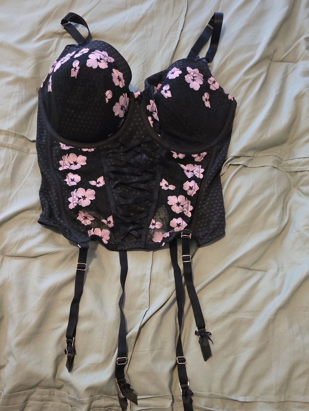 Cacique Black Bustier with Pink Floral Embroidery